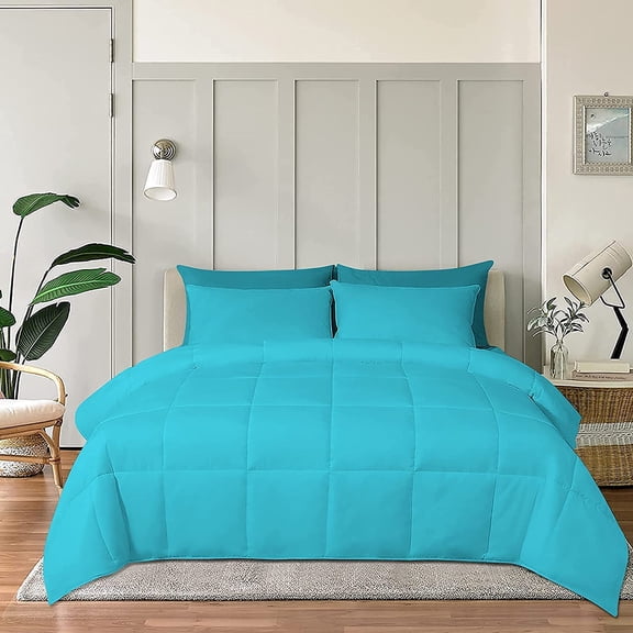 Roch Linen Lightweight All Season Down Alternative Comforter - 100% Cotton and Soft Quilted Duvet Insert, Cooling Comforter for Warm Weather/Hot Sleepers -(Full/Queen, Turquoise Blue)