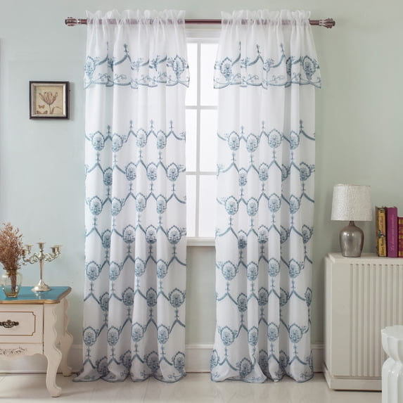 Rochelle Embroidered Rod Pocket Panel With Attached Valance, Teal, 54x90 Inches