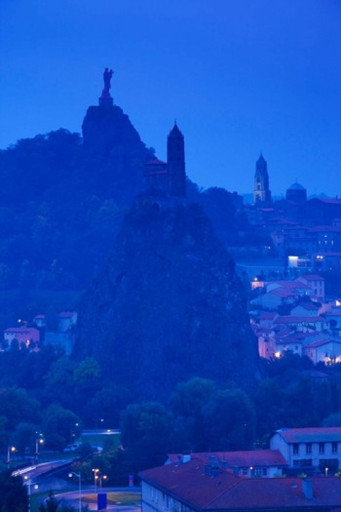 Rocher Corneille with Saint Michel dAiguilhe and Cathedral of Notre Dame Le Puy Le Puy-en-Velay Haute-Loire Auvergne France Canvas Art - Panoramic Images (24 x 36)