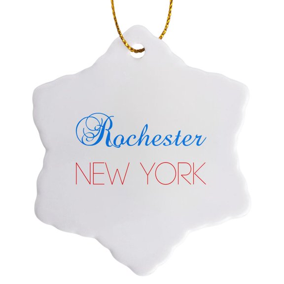 3drose, Rochester, New York Blue, Red Text. Patriotic Usa Home Town Gift, 3 inch Snowflake Porcelain Ornament