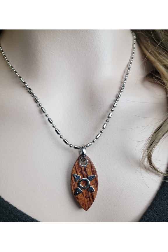 Elements Fire Wood Stainless Steel Ball Chain Pendant 1 1/2" Necklace 20"