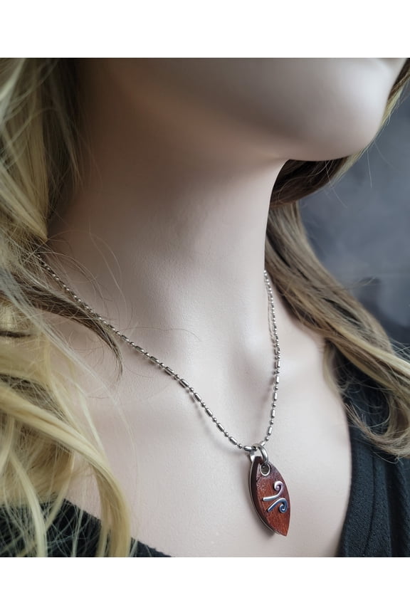 Elements Wind Wood Ball Chain Stainless Steel Pendant 1 1/2" Necklace 20"