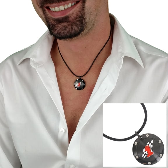 Rochet Mens Pendant Necklace Stainless Steel Black Enamel Round