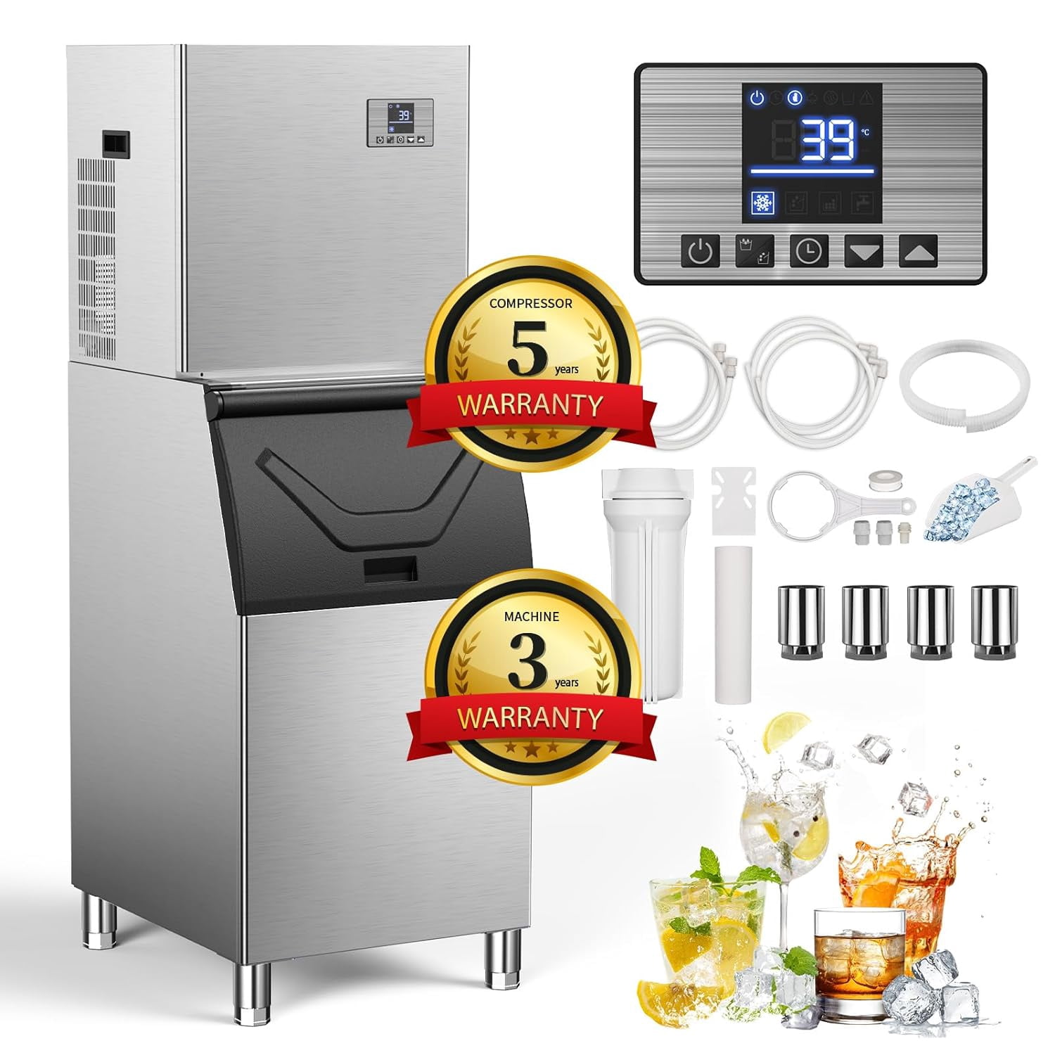 Ecojoy Commercial Ice Maker 550 Lbs/24H, 360 Lbs Large Storage Air-Cooled Commercial Ice Machine