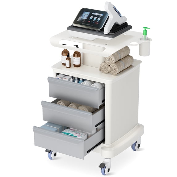 Rocita Mobile Trolley Cart, Portable Rolling Cart Medical Cart Trolley Beauty Storage Platform Carts with 110lbs Load, 3 Drawers and Curved Handle