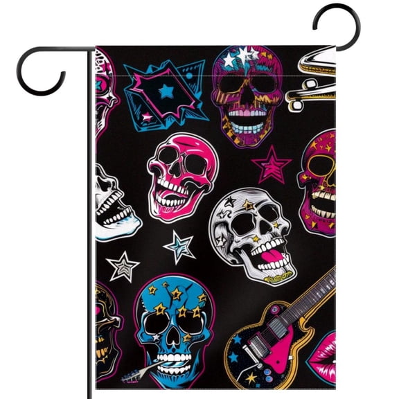 Rock Abstract Skulls Pins Guitars Rock Disk Double Sided Garden Flag Decorative Weather Resistant Yard Flag, Large DIY Vertical Flag for Farmhouse Patio Lawn, 28x40 Inch