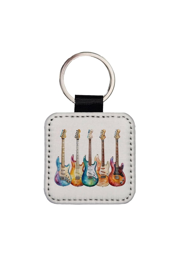 Rock And Roll Guitar Collection Watercolor Faux Leather Square Keychain