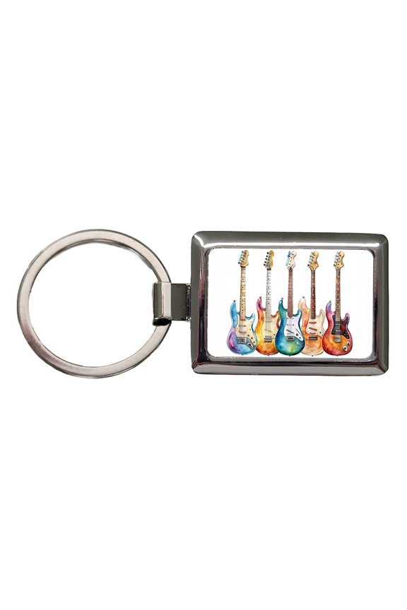 Rock And Roll Guitar Collection Watercolor Metal Rectangle Keychain