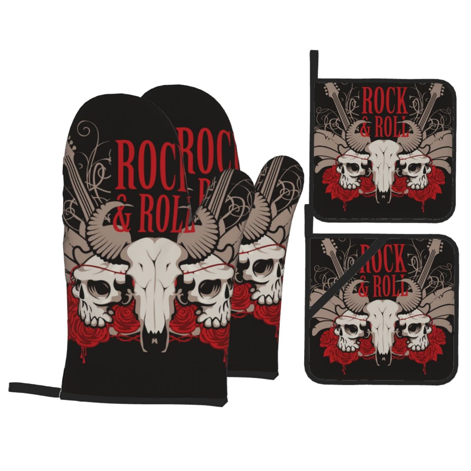Rock And Roll Guitar Skull Roses 4Pcs Oven Mitts and Pot Holders Sets Oven Kitchen Gloves Hot Pads for Cooking BBQ Baking Grilling