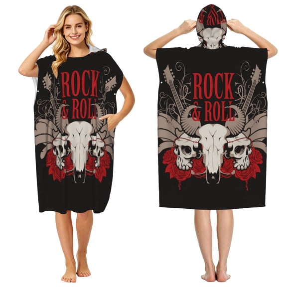 Rock And Roll Guitar Skull Roses Adult Hooded Beach Towel Changing Robe, Surf Poncho Towel for Surfing, Swimming, Camping