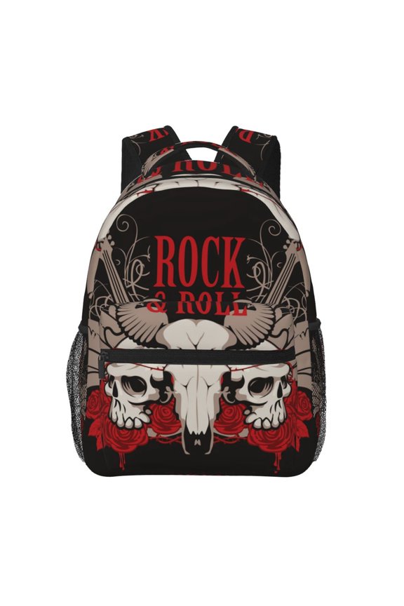 Rock And Roll Guitar Skull Roses Backpack Casual College Bag Zipper Laptop Daypack Hiking Rucksack Travel