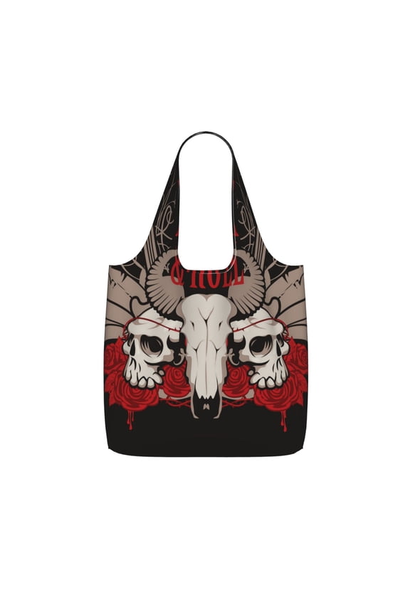 Rock And Roll Guitar Skull Roses Foldable Reusable Shopping Bag Large Capacity Tote Handbag Storage Pouch for Travel Work