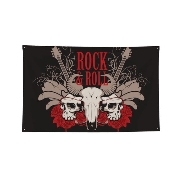 Rock And Roll Guitar Skull Roses Four Hole Decorated Banner Flag for Garden Yard Home Decoration Indoor Outdoor 2x3 Ft