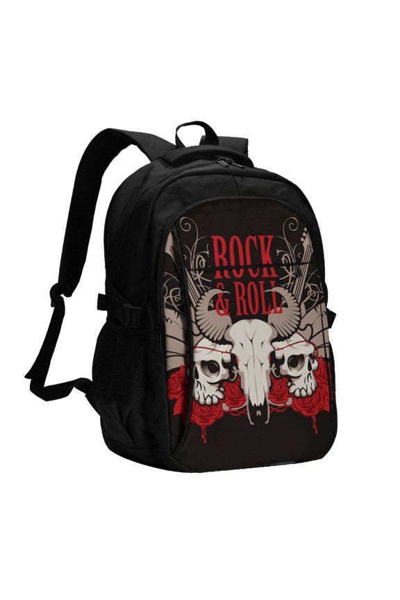 Rock And Roll Guitar Skull Roses Laptop Backpack with USB Charging Headphone Port Casual Daypack Bag College Business Travel