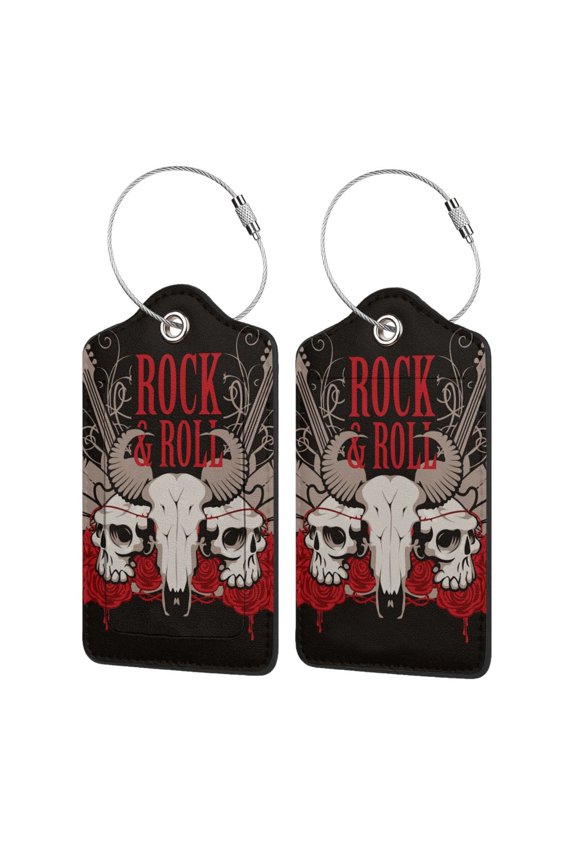 Rock And Roll Guitar Skull Roses Luggage Tag for Suitcase 2 Pack Leather Travel Bag Baggage Identifiers Privacy Cover ID Label