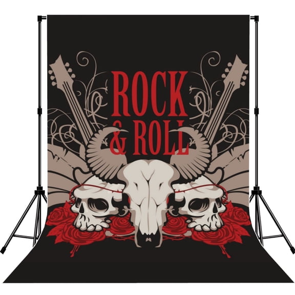 Rock And Roll Guitar Skull Roses Photography Backdrop 5x7Ft Background for Photo Studio Video Recording Birthday Party Wedding Home Decor