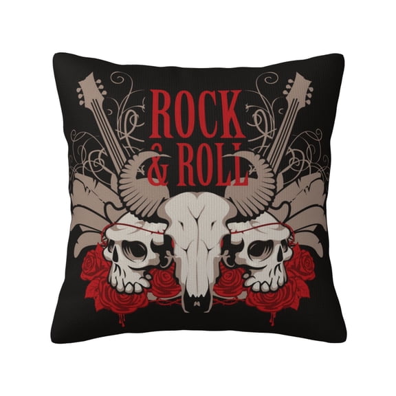 Rock And Roll Guitar Skull Roses Throw Pillow Covers 18x18 Inch Decorative Case Cushion Pillowcase for Couch Sofa Bed Bedroom Living Room