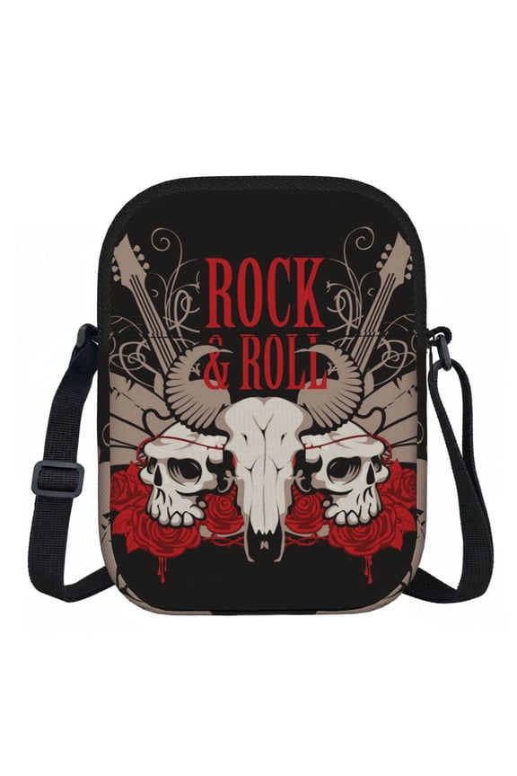 Rock And Roll Guitar Skull Roses Zipper Crossbody Bag Everyday Travel Pouch Adjustable Strap Commuter Bags