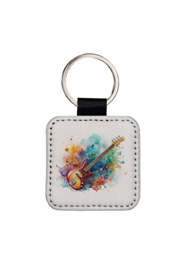 Rock And Roll Guitar Watercolor Faux Leather Square Keychain