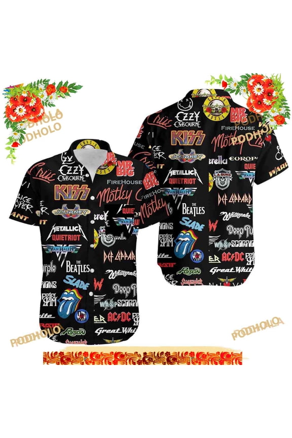 Rock And Roll Hawaiian Shirt, Lapel Casual Tropical Loose Print Aloha Shirt