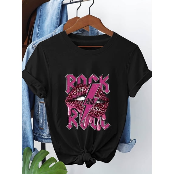 Rock And Roll Leopard Lips Lightning Print Crew Neck Short Sleeve Casual T-Shirt
