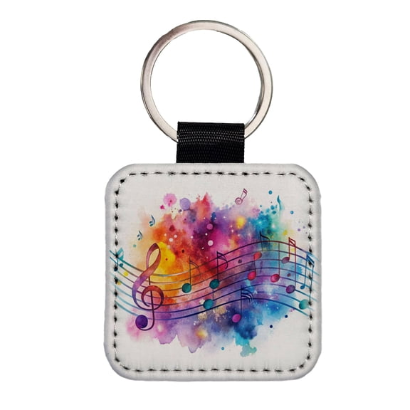 Rock And Roll Music Notes Watercolor Faux Leather Square Keychain