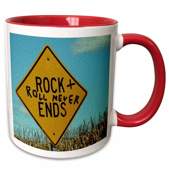 3drose, Rock and Roll Never Ends Street Sign in Rural Iowa, 11oz Two-tone Red Mug