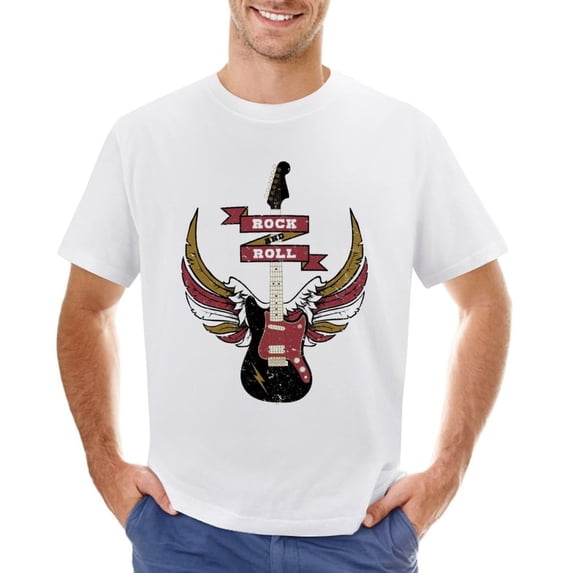 Rock And Roll Retro Electric Guitar Men’s T-Shirt 100% Cotton Casual Short Sleeve Tops Gift Tee White M