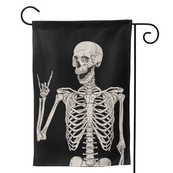 Rock And Roll Skeleton Skull Garden Flag 12.5"X18" Outdoor Indoor Garden Decor Porch Banner Sign With Grommets Uv Fade Resistant