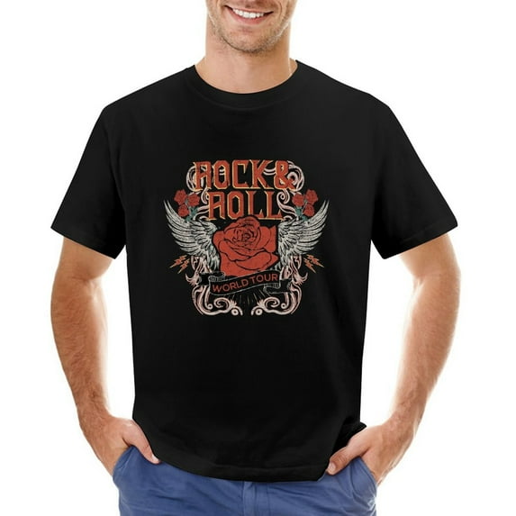 Rock And Roll Tour Rockstar Eagle Wing And Rose Flower Men’s T-Shirt 100% Cotton Casual Short Sleeve Tops Gift Tee Black 4XL