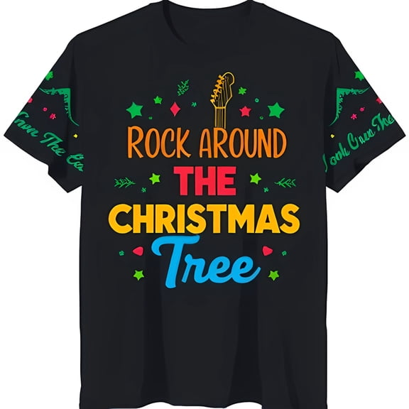 Rock Around The Christmas Tree Black T-Shirt with Colorful Graphic Design