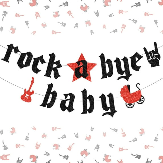 Rock Baby Shower Decorations, Rock A Bye Baby Banner Garland Red and Black Glitter, Music Note Born to Rock Baby Shower Banner Decor, Rock Music Theme Baby Shower Party Supplies