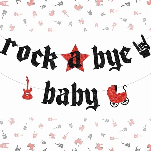 Rock Baby Shower Decorations, Rock A Bye Baby Banner Garland Red and Black Glitter, Music Note Born to Rock Banner for Music Theme Baby Shower Supplies
