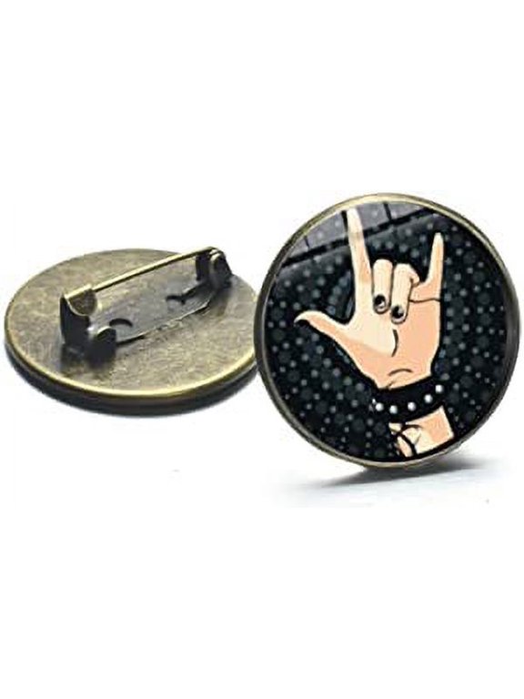 Rock Band Cool Gesture Badge Pin - Harajuku Style Hip Hop Rock Hand Printed w/ Glass Round Brooch Button Pin - 2cm