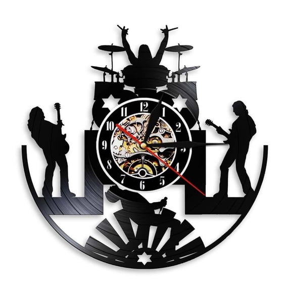 Rock Band Music Group Wall Clock Rock Band Drummer Heavy Metal Group Guitarist Performance Stage Show Vinyl Record Wall Clock Without LED