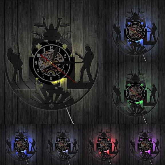 Rock Band Music Group Wall Clock Rock Band Drummer Heavy Metal Group Guitarist Performance Stage Show Vinyl Record Wall Clock