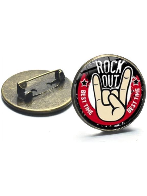 Rock Band, Rock Out Best Time Badge Pin - Harajuku Style Hip Hop Rock Hand Printed w/ Glass Round Brooch Button Pin - 2cm