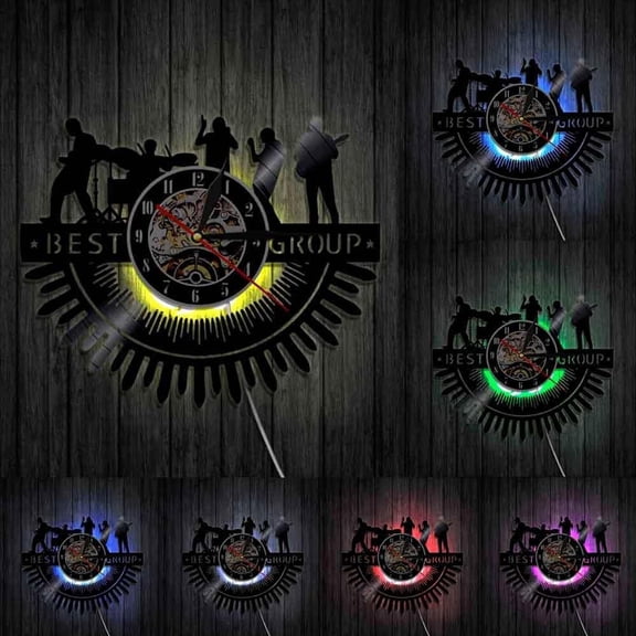 Rock Band Silhouettes Wall Art Rock & Roll Heavy Metal Music Band Wall Clock Drums Melody Concert Live Show Vinyl Record Clock