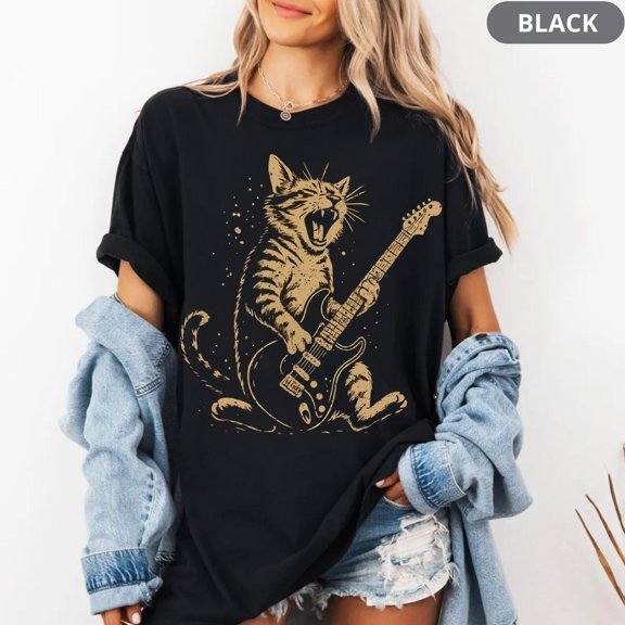 Rock Cat Guitar Shirt, Funny Cat Music Tee, Cool Cat Lovers Gift, Cat Mom Graphic Top, Cat Dad Rock Band Shirt, Animal Music Print
