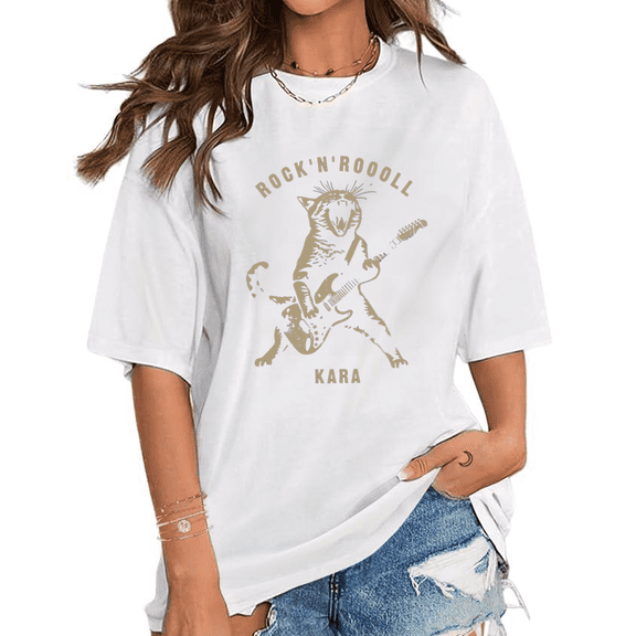 Rock Cat Playing Guitar Print T-shirts Funny Cat Lovers Graphic Tees Short Sleeve Casual Tops Cotton Shirts for Daily Outfits White,4XL