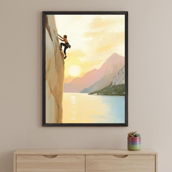 Rock Climber Sunset Wall Art Mountain Adventure Decor Cliffside Sunset Art Print Lake Land