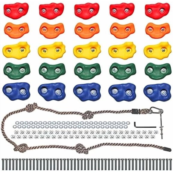 Rock Climbing Holds for Kids - Indoor & Outdoor Rock Wall Climbing Kit with Mounting Hardware, Knotted Rope and 25 Handles - Playground Accessories$$Sport & Recreation Other