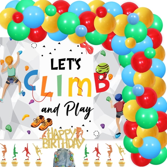 Rock Climbing Themed Birthday Decoration Set with Let's Climb Backdrop Colorful Balloons Garland Climbing Cake Toppers for Boys and Girls Sport Climbing Birthday Party Supplies