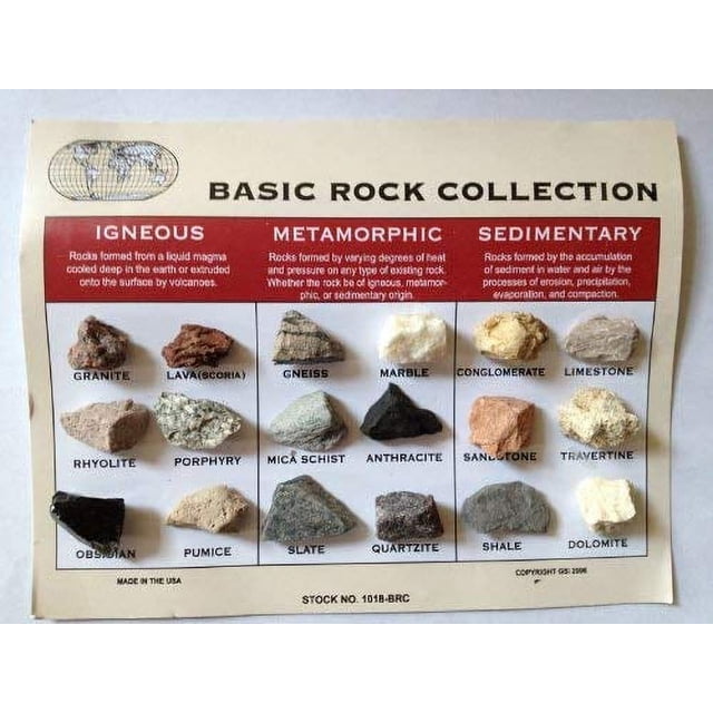 18-Piece Rock Collection & ID Chart - Igneous, Metamorphic, Sedimentary ...