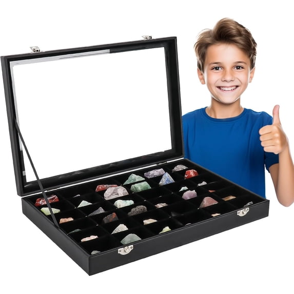 Rock Collections Box for Kids - PU Leather Rock Display Case with 36 ...