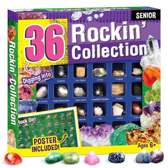 Piano Potato 36Pcs Gem Stones for Kids,Rock Collection Kit, Intermediate Rock Collection for Kids with Gemstone Identification Poster
