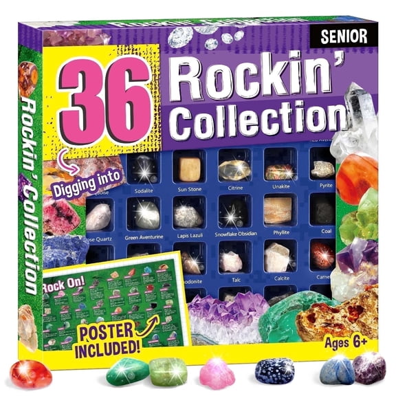 Piano Potato 36Pcs Gem Stones for Kids Ages 8-12,Rock Collection Kit, Intermediate Rock Collection for Kids with Gemstone Identification Poster