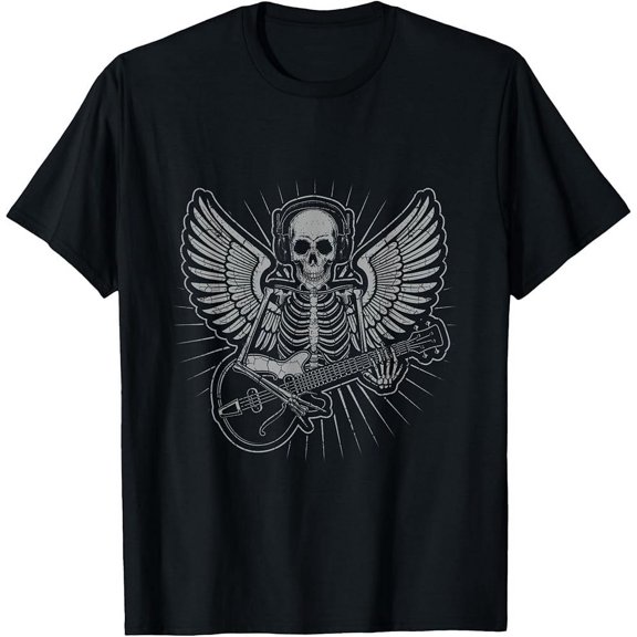 Rock DJ Bones Graphic Shirt – Angel Wings and Guitar Music Vibe Tee
