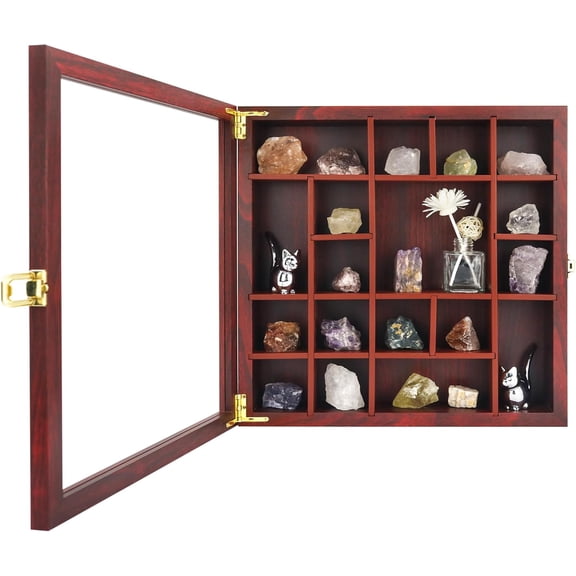 Rock Display Case - Adjustable Mineral Collection Box with Glass Lid, Wooden Cabinet for Rock, Fossil, Crystal, Seashell Collections - Geology Gift for Adults/Kids (13.5" x 13.5", Cherry)