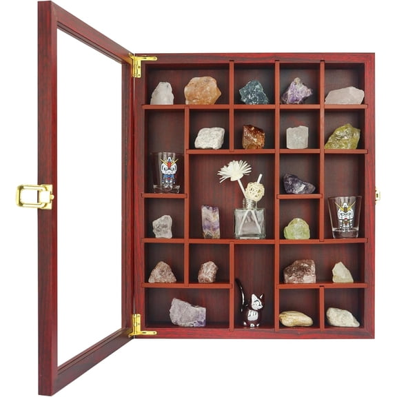 Rock Display Case - Adjustable Mineral Collection Box with Glass Lid, Wooden Cabinet for Rock, Fossil, Crystal, Seashell Collections - Geology Gift for Adults/Kids (16" x 13.5", Cherry)